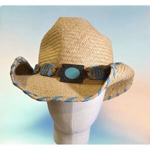 BULLHIDE  Delmar Straw Cowboy Hat Rodeo Leather & Faux Turquoise Buckle Size L